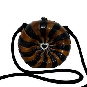 Timmy Woods Carved Wood Spin Pinwheel Crystal Heart Clutch Bag Crossbody
